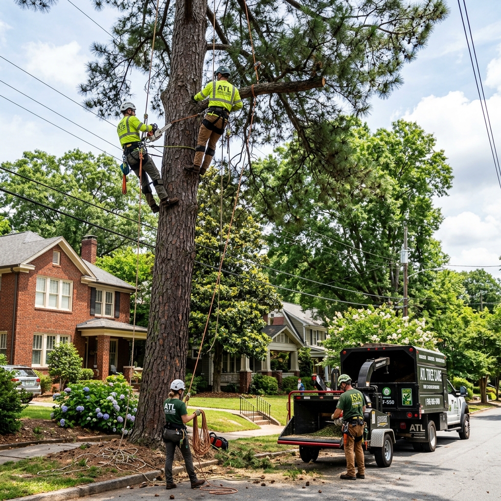 ISA Certified Arborist performing tree trimming service in Atlanta Georgia urban neighborhood