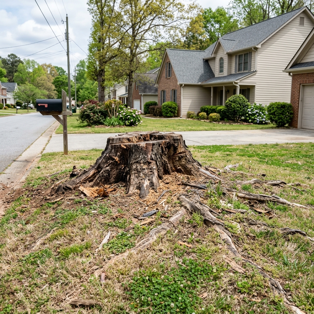 Before: Large tree stump in Alpharetta front yard
