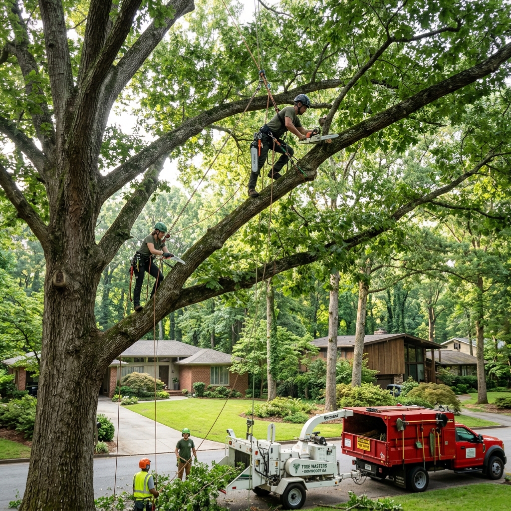 ISA Certified Arborist trimming mature oak tree in Dunwoody Georgia suburban neighborhood