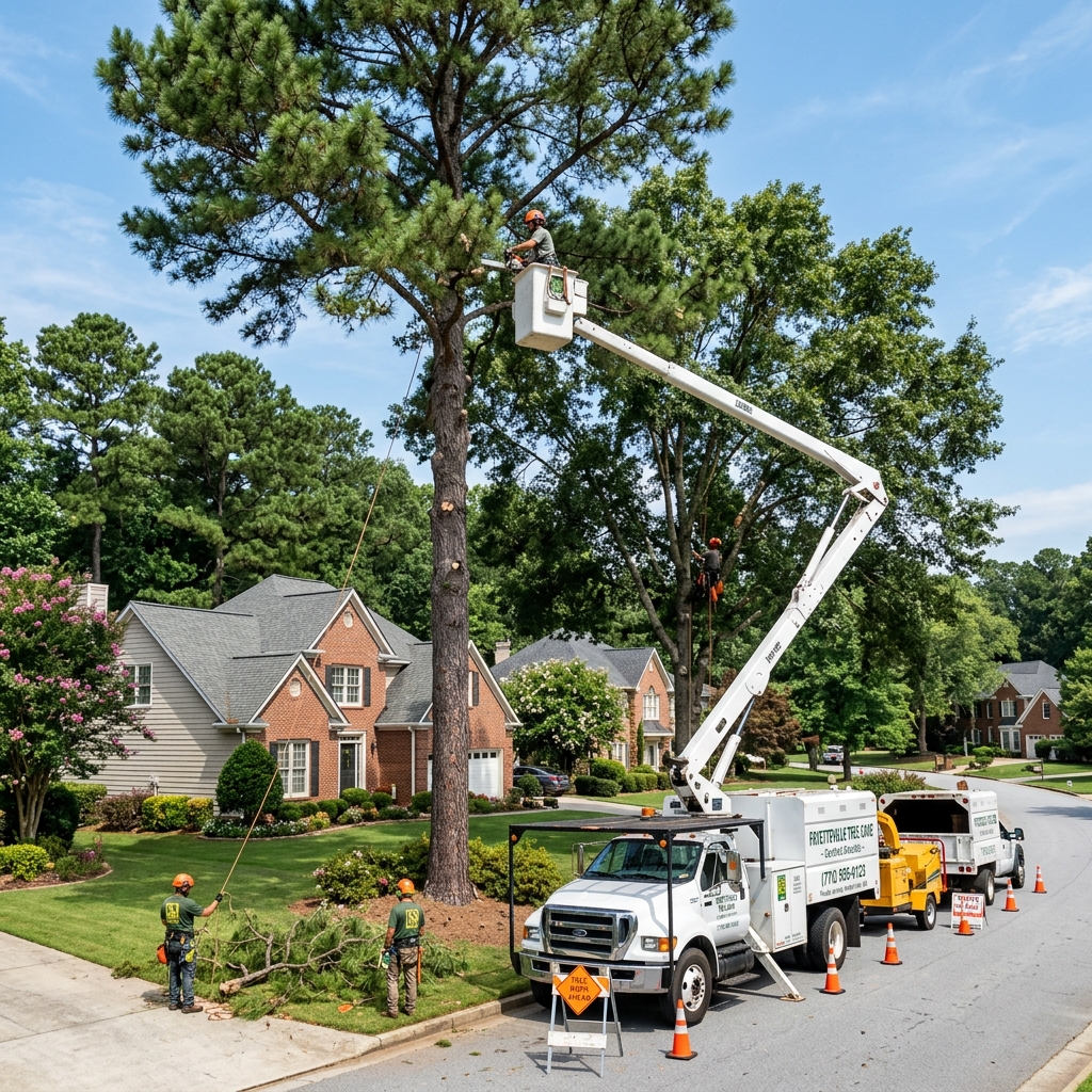 Certified arborist team performing tree removal in Fayetteville Georgia Fayette County neighborhood