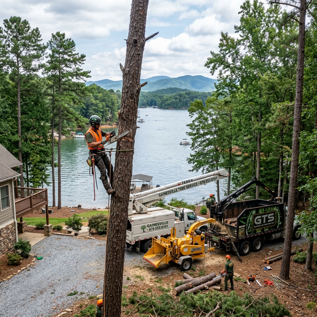 Professional tree removal near Lake Lanier in Gainesville Georgia with mountain foothills landscape