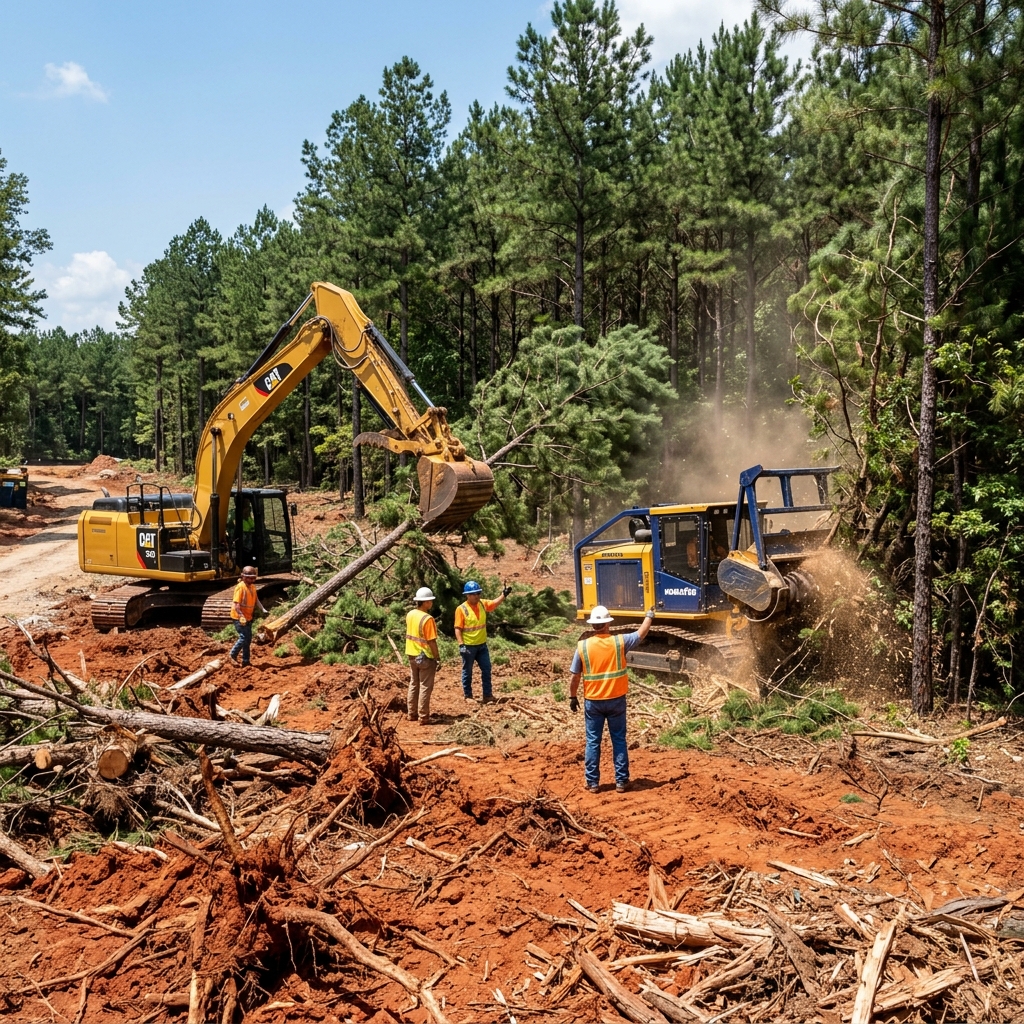 Professional land clearing in Alpharetta GA — heavy equipment clearing wooded lot