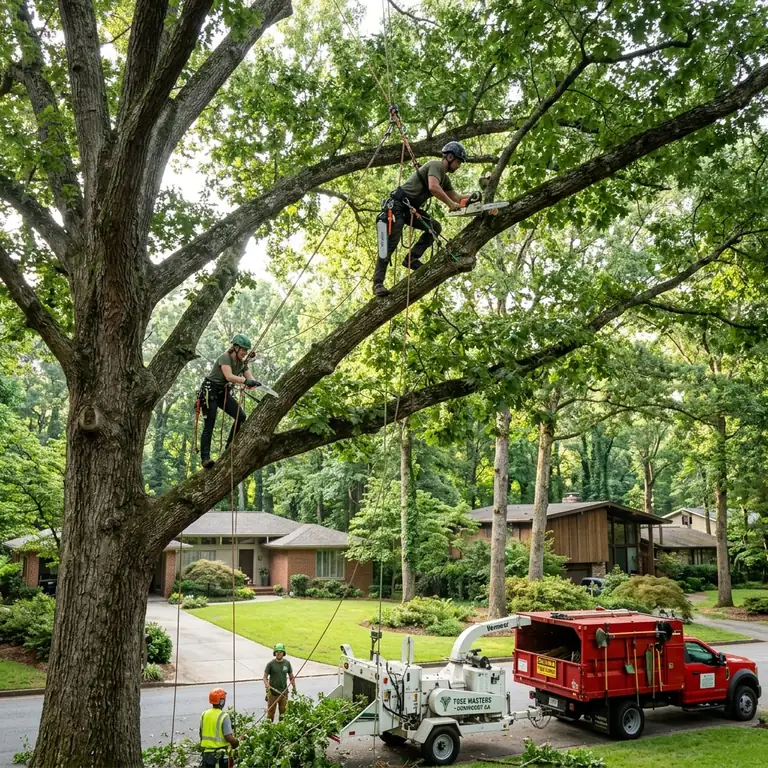 ISA Certified Arborist trimming mature oak tree in Dunwoody Georgia suburban neighborhood