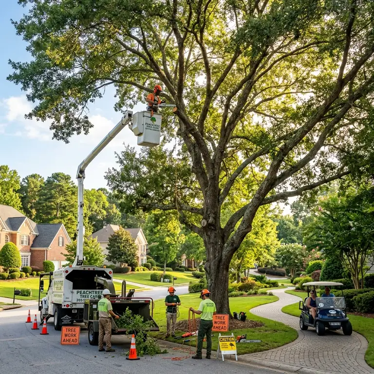 Certified arborist performing professional tree service in Peachtree City Georgia near golf cart path