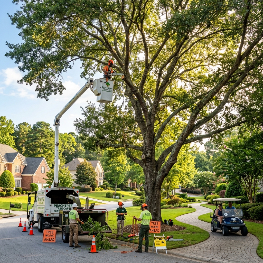 Certified arborist performing professional tree service in Peachtree City Georgia near golf cart path