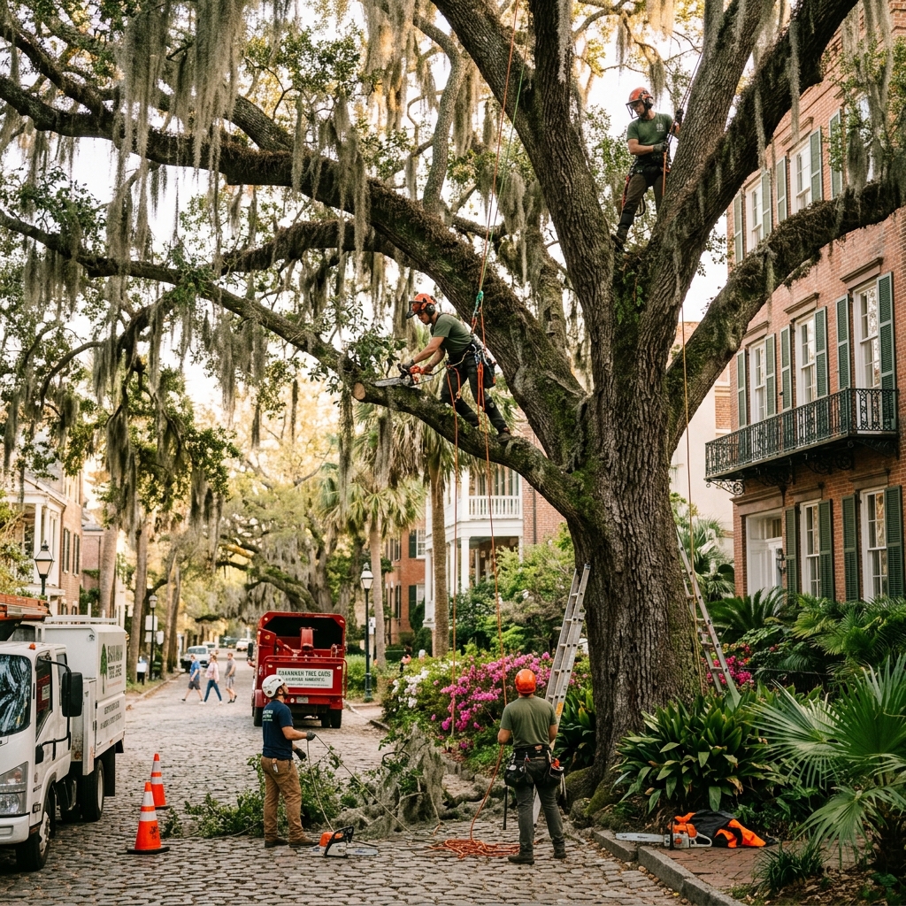 Certified arborist trimming historic live oak tree with Spanish moss in Savannah Georgia historic district