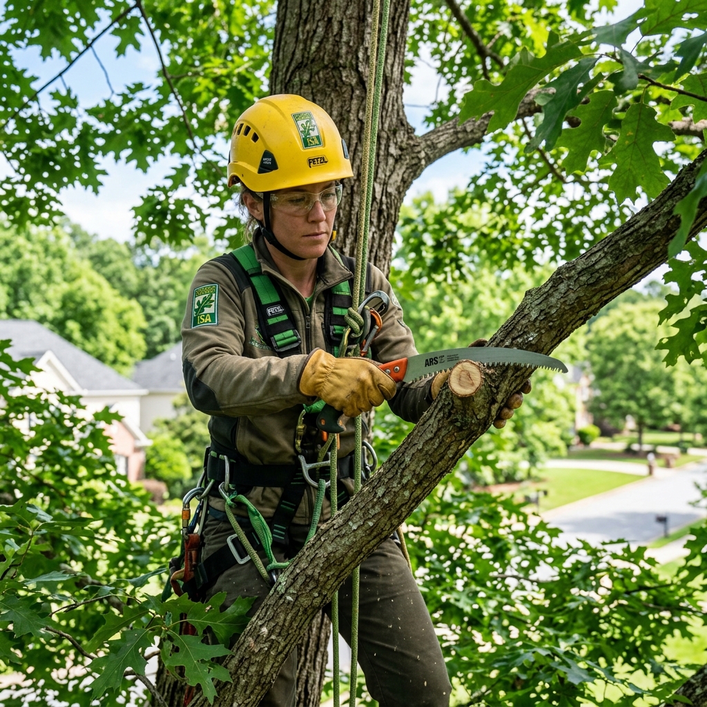 Certified arborist performing precision tree pruning in Alpharetta GA