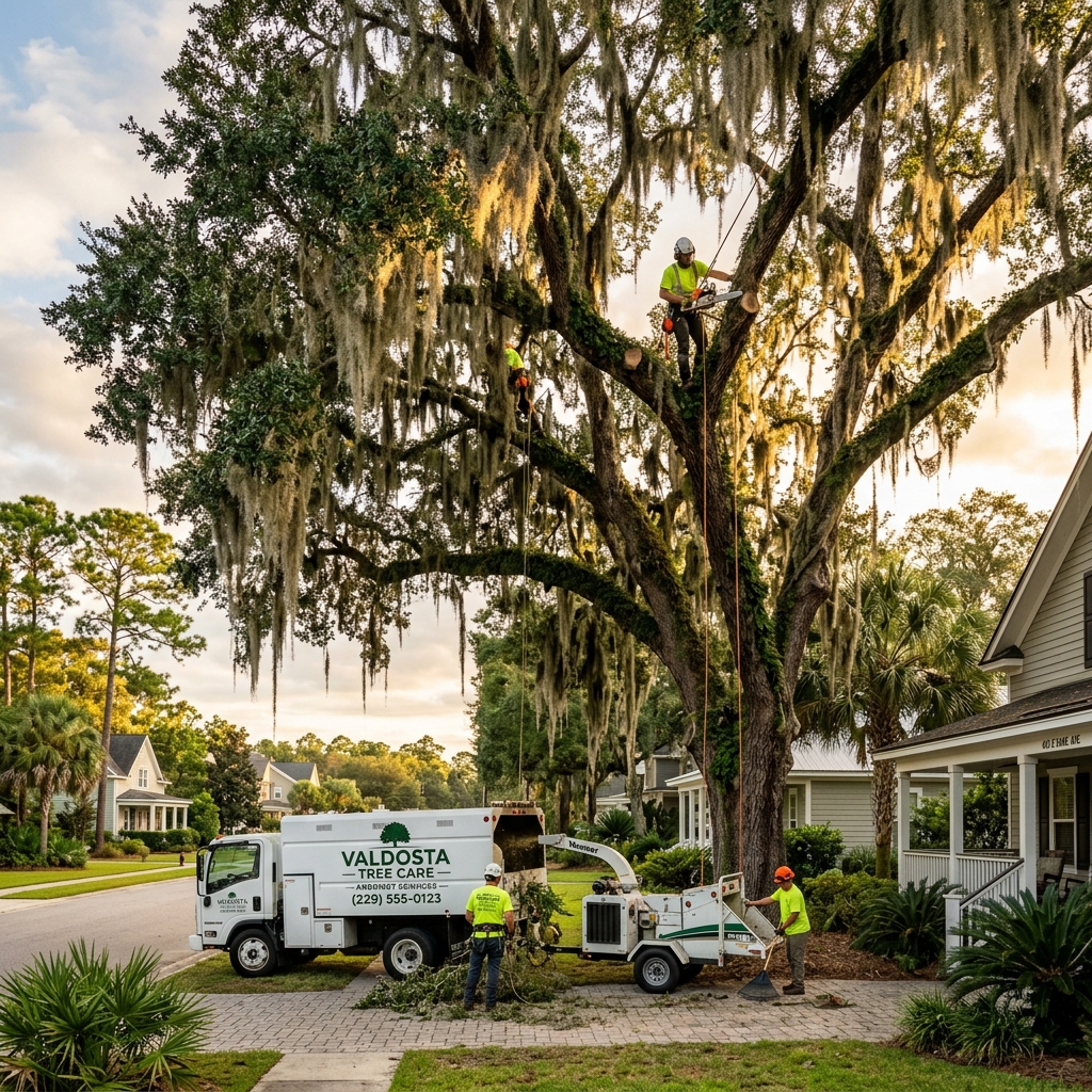 Certified arborist removing large live oak tree draped in Spanish moss in Valdosta Georgia